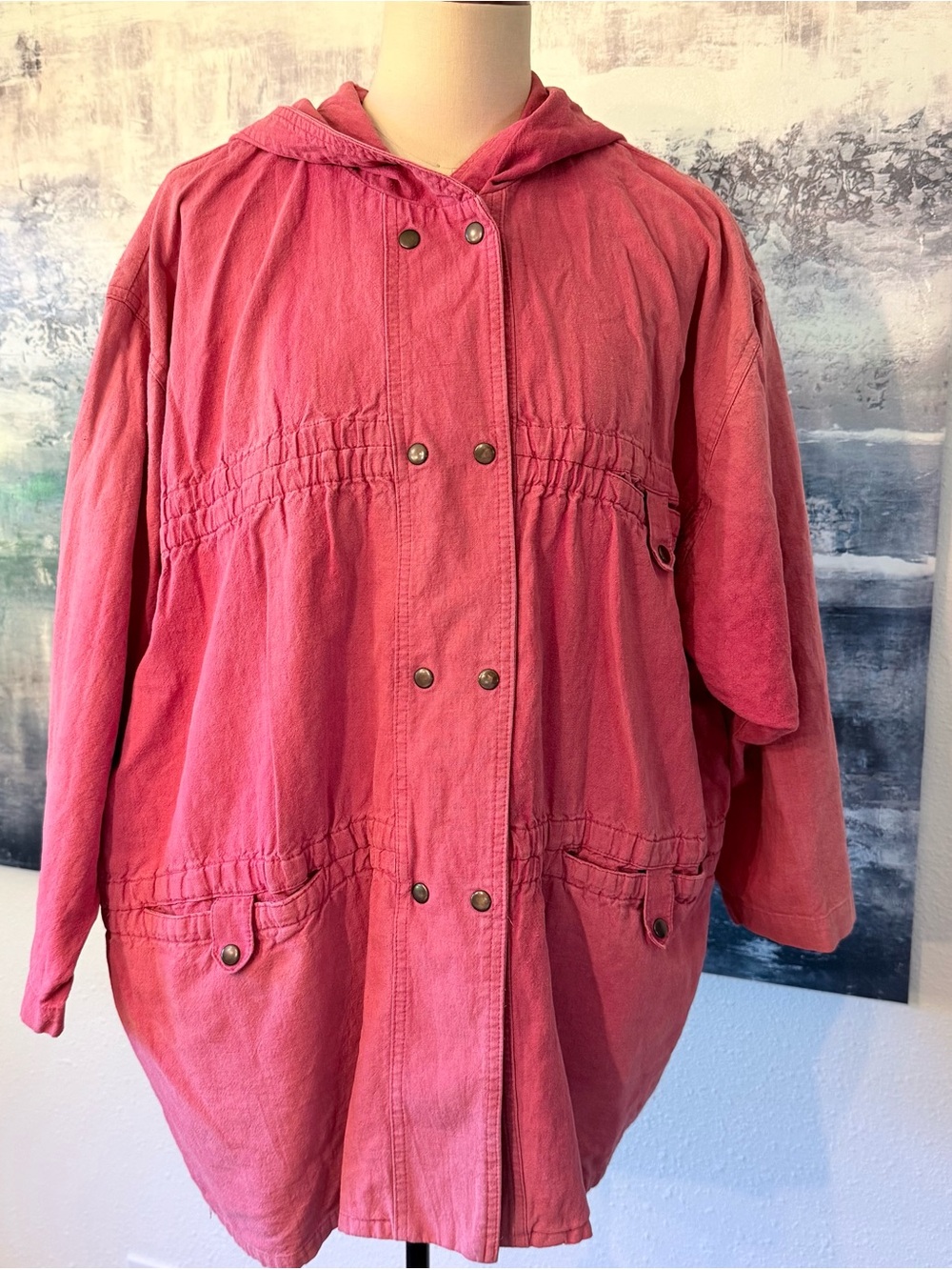 Vintage Aspen Linen/Cotton Anorak Hood Jacket Slouchy Oversized Faded Red Med /B